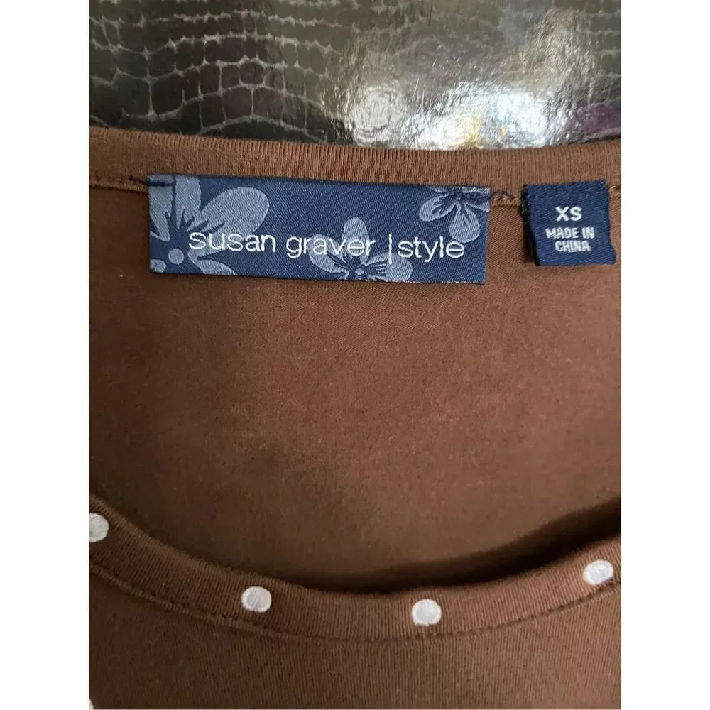 Susan graver liquid women’s brown embroidered floral tunic top size xs